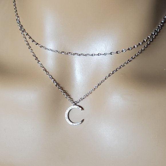 925 Silver Double Necklace Topaz Moon Pendant - Very Dainty - Picture 3 of 9